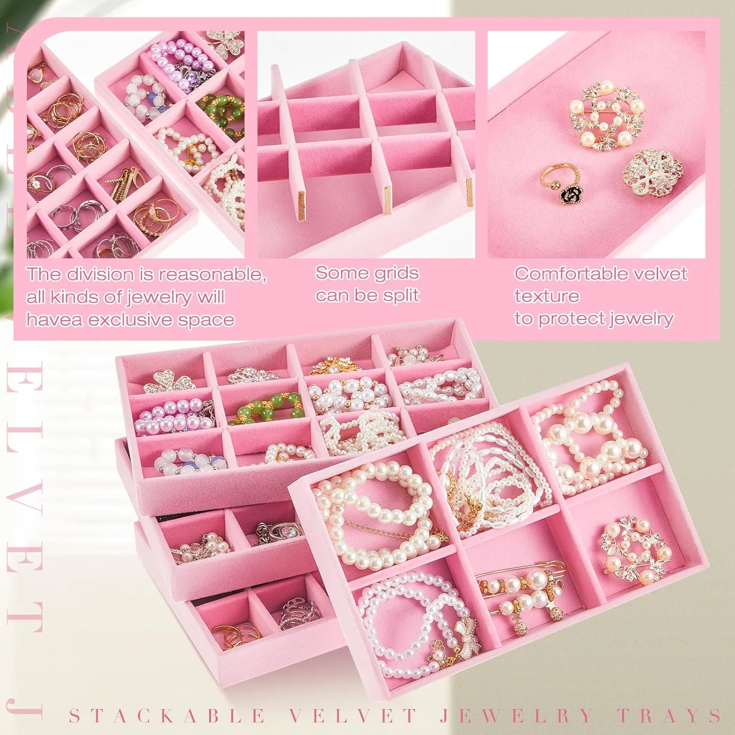 Junkin 12 Pcs Jewelry Tray Velvet Stackable Jewelry Organizer Trays Divided Earring Accessories Storage Containers Box