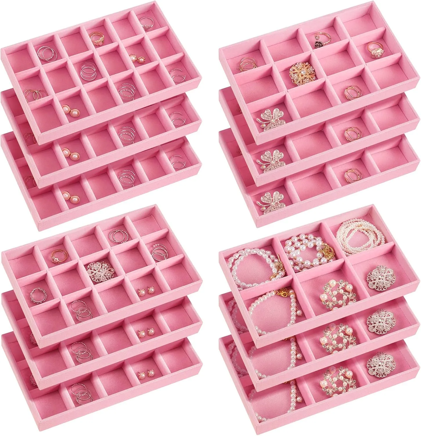Junkin 12 Pcs Jewelry Tray Velvet Stackable Jewelry Organizer Trays Divided Earring Accessories Storage Containers Box