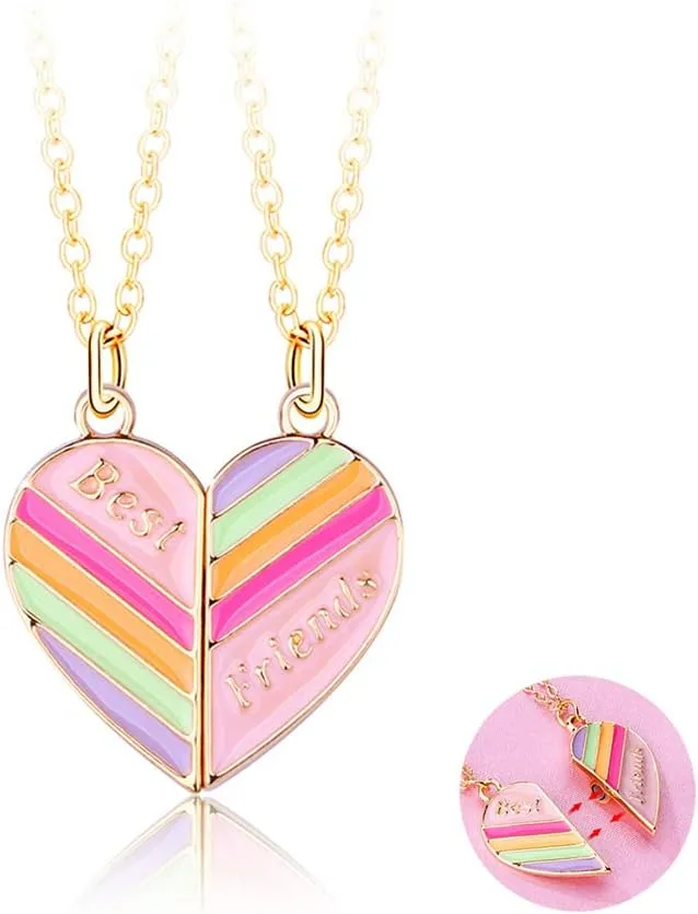Kefley BFF Necklace for 2 Girls Heart Rainbow Friends Necklaces for Best Friend Birthday Christmas Gift for Bestie Matching Friendship Necklace for 2 Teen Girls