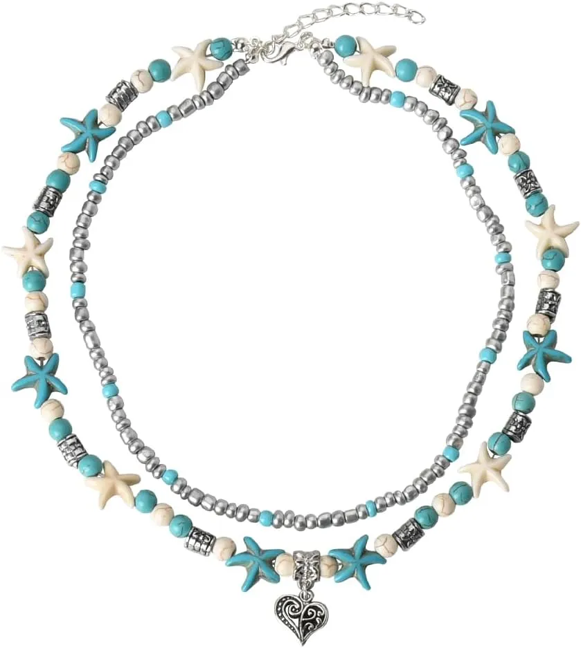 Kilener Boho Beaded Necklaces for Women Heart Pendant Necklace Bohemian Layered Necklaces for Women Turquoise Bead Necklace Heart Shaped Necklace Boho Choker Necklaces for Women Beach Party