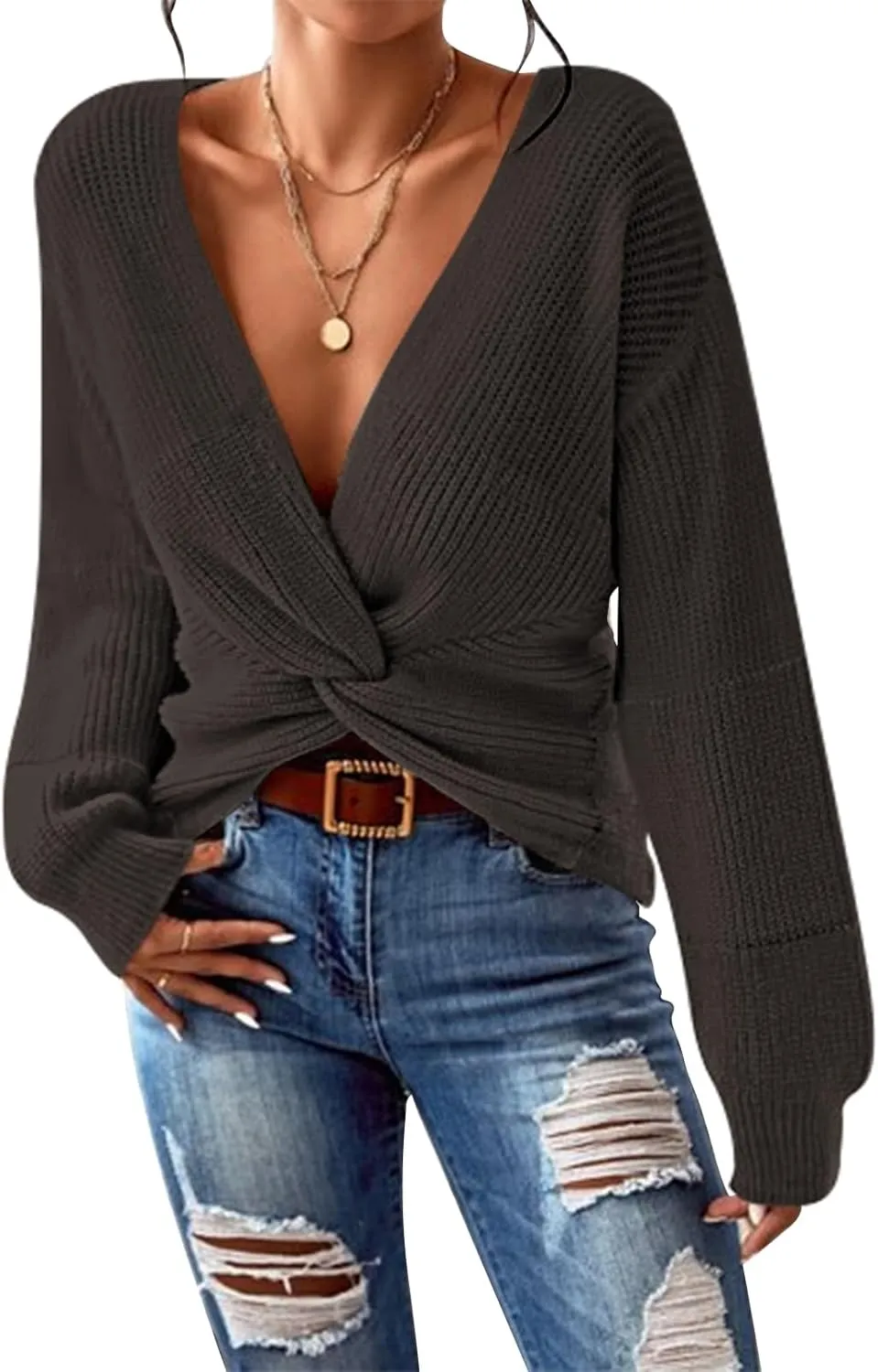 Kisscynest Womens Sweaters 2024 Casual Sexy V Neck Long Sleeve Pullover Sweaters Twsit Knot Knit Cropped Jumper Tops