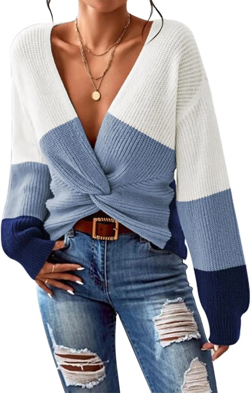 Kisscynest Womens Sweaters 2024 Casual Sexy V Neck Long Sleeve Pullover Sweaters Twsit Knot Knit Cropped Jumper Tops