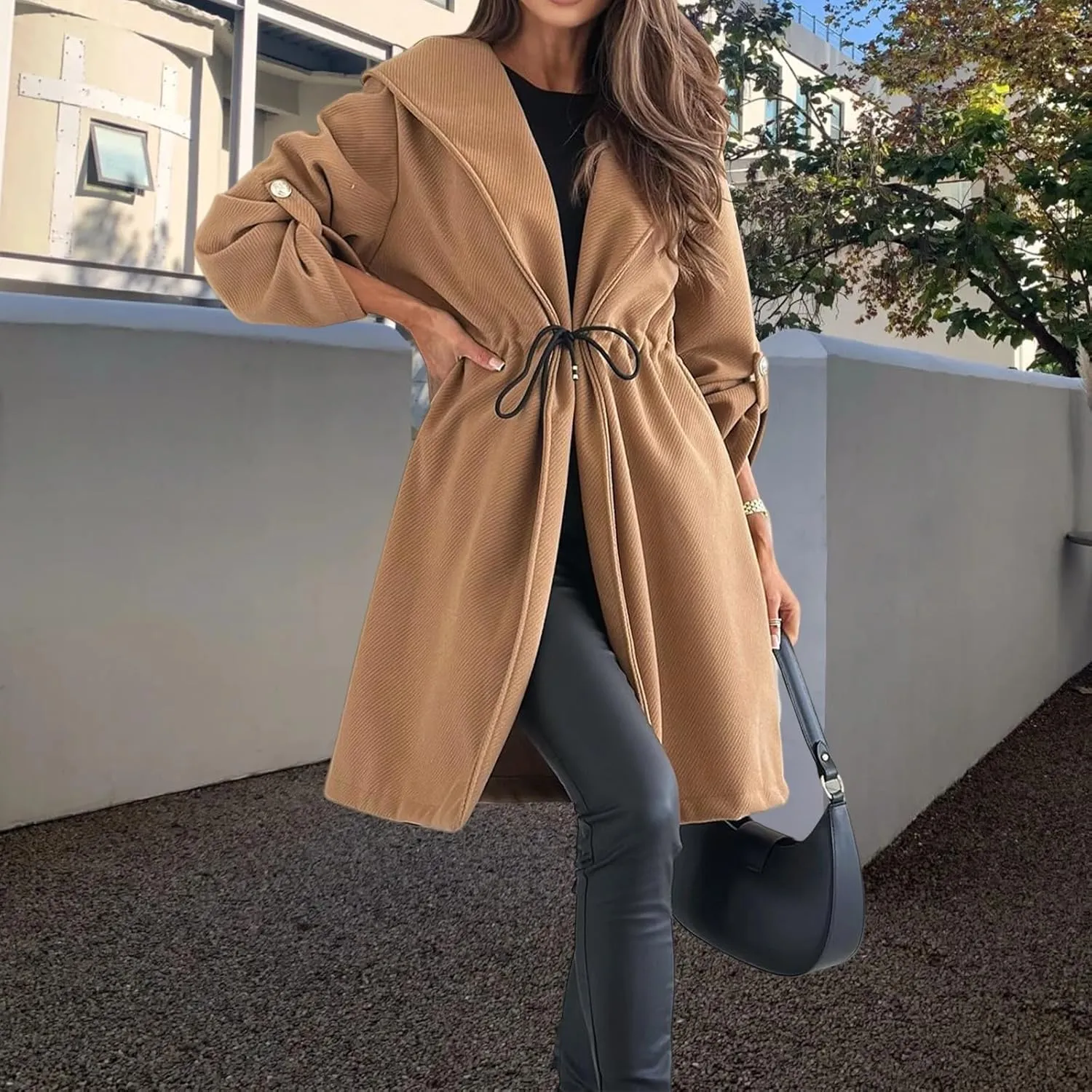 Kubbon Womens Pea Coat Open Front Long Hooded Jacket Elegant Long Sleeve Lapel Collar Trench Coat with A Tie at The Waist