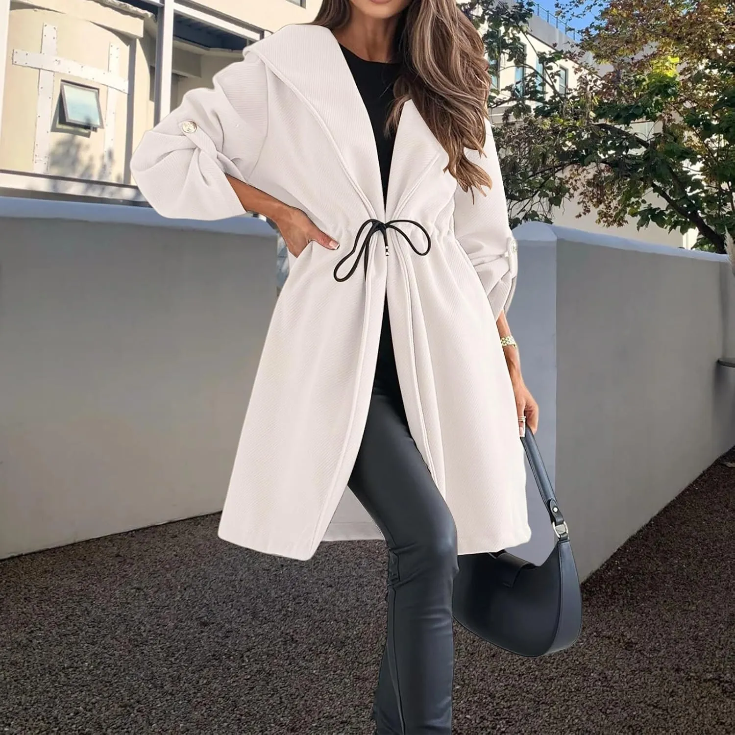 Kubbon Womens Pea Coat Open Front Long Hooded Jacket Elegant Long Sleeve Lapel Collar Trench Coat with A Tie at The Waist