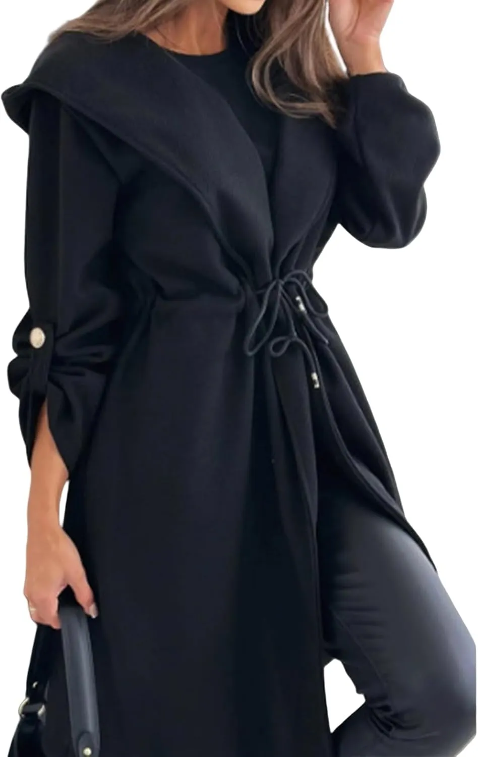 Kubbon Womens Pea Coat Open Front Long Hooded Jacket Elegant Long Sleeve Lapel Collar Trench Coat with A Tie at The Waist