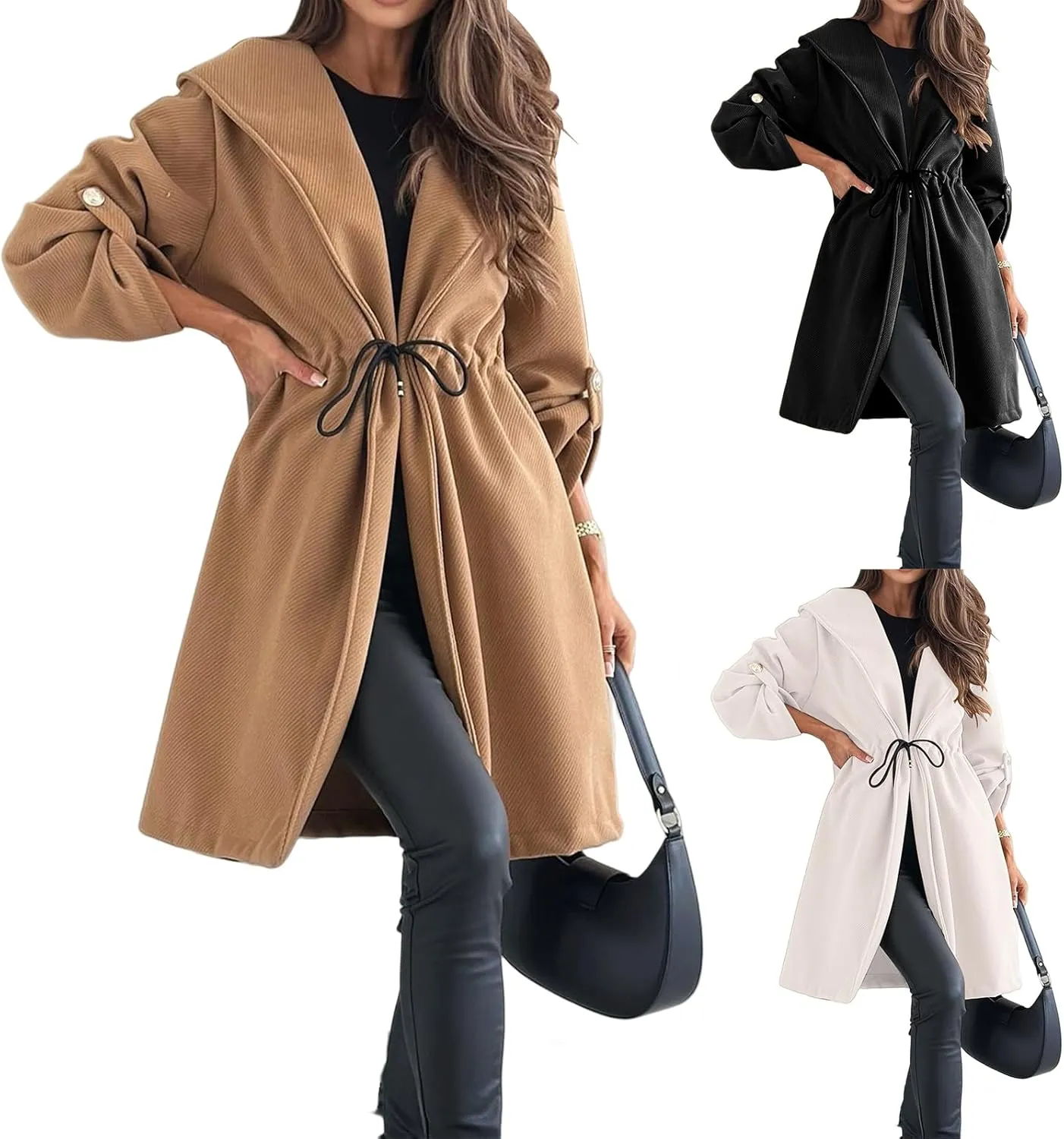 Kubbon Womens Pea Coat Open Front Long Hooded Jacket Elegant Long Sleeve Lapel Collar Trench Coat with A Tie at The Waist