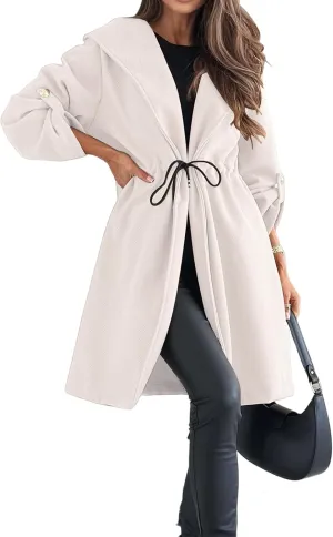 Kubbon Womens Pea Coat Open Front Long Hooded Jacket Elegant Long Sleeve Lapel Collar Trench Coat with A Tie at The Waist