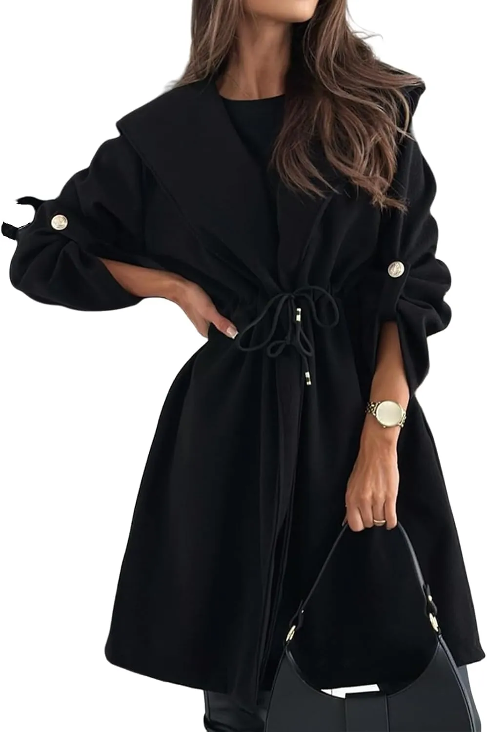 Kubbon Womens Pea Coat Open Front Long Hooded Jacket Elegant Long Sleeve Lapel Collar Trench Coat with A Tie at The Waist
