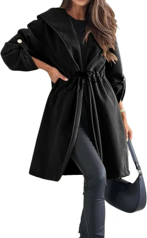 Kubbon Womens Pea Coat Open Front Long Hooded Jacket Elegant Long Sleeve Lapel Collar Trench Coat with A Tie at The Waist