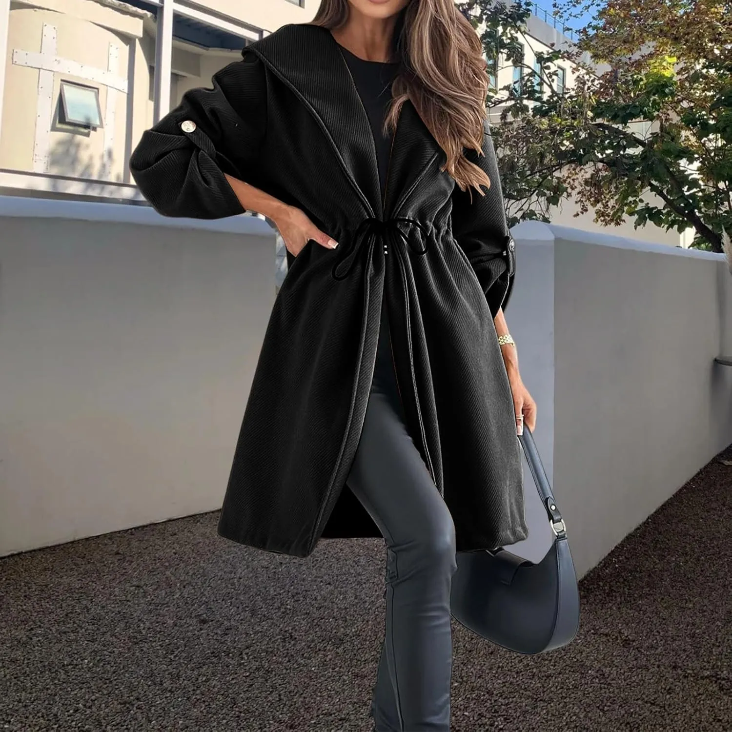 Kubbon Womens Pea Coat Open Front Long Hooded Jacket Elegant Long Sleeve Lapel Collar Trench Coat with A Tie at The Waist