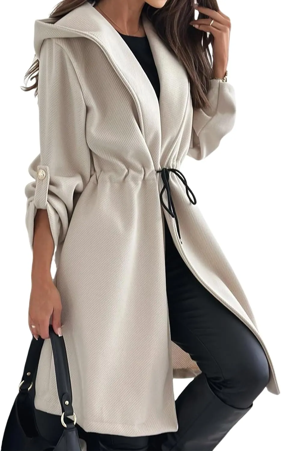 Kubbon Womens Pea Coat Open Front Long Hooded Jacket Elegant Long Sleeve Lapel Collar Trench Coat with A Tie at The Waist