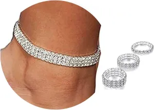 Kucheed Women's Jewelry Sets, Rhinestone Crystal 2PCS Anklets/3PCS Finger Rings,Silver Diamond Anklets Rings Jewelry Accessories,Bling Shining Elastic Jewelry Set for Prom Party Wedding