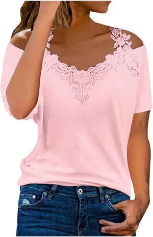 Lace Crochet v Neck Tops for Women Trendy 2024 Summer Short Sleeve Cold Shoulder Tunic Shirt Dressy Plus Size Blouses