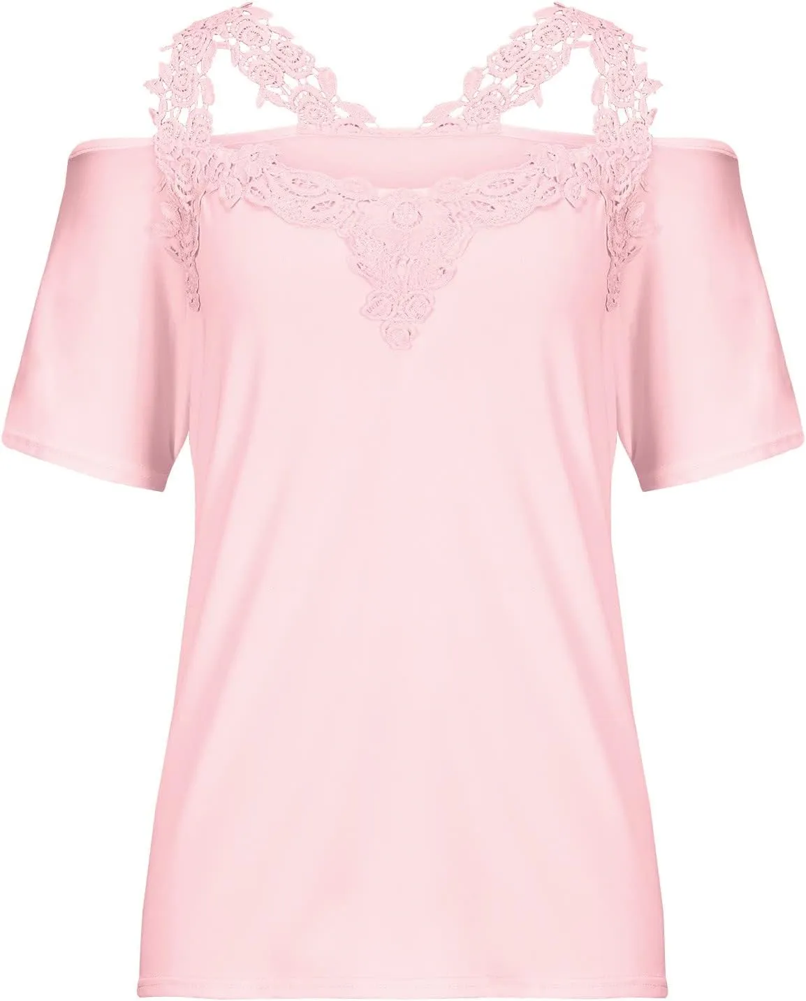 Lace Crochet v Neck Tops for Women Trendy 2024 Summer Short Sleeve Cold Shoulder Tunic Shirt Dressy Plus Size Blouses