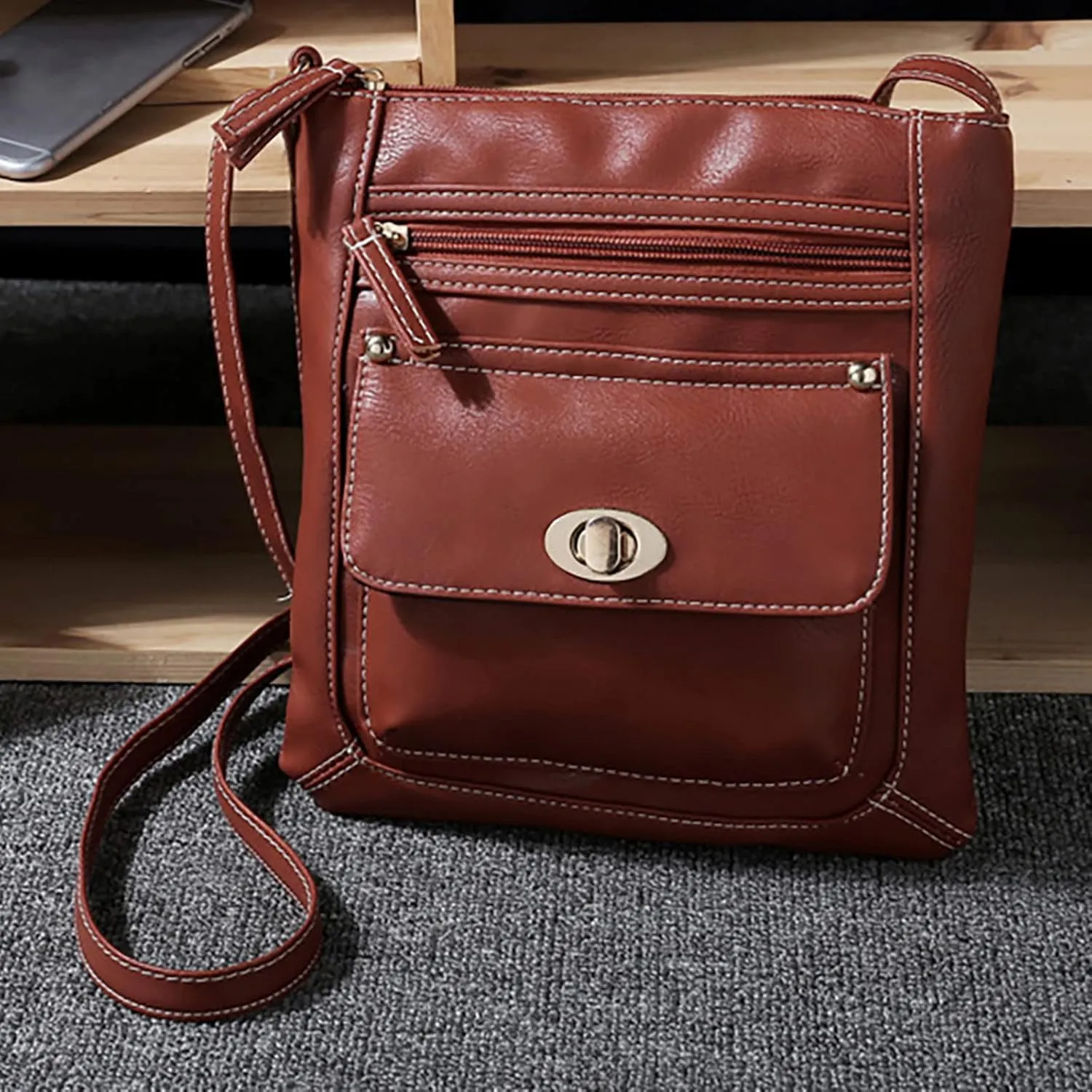 Ladies Fashion Capacity Adjustable Shoulder Belt Turnbuckle Versatile Single Shoulder Briefcase (Brown, One Size)