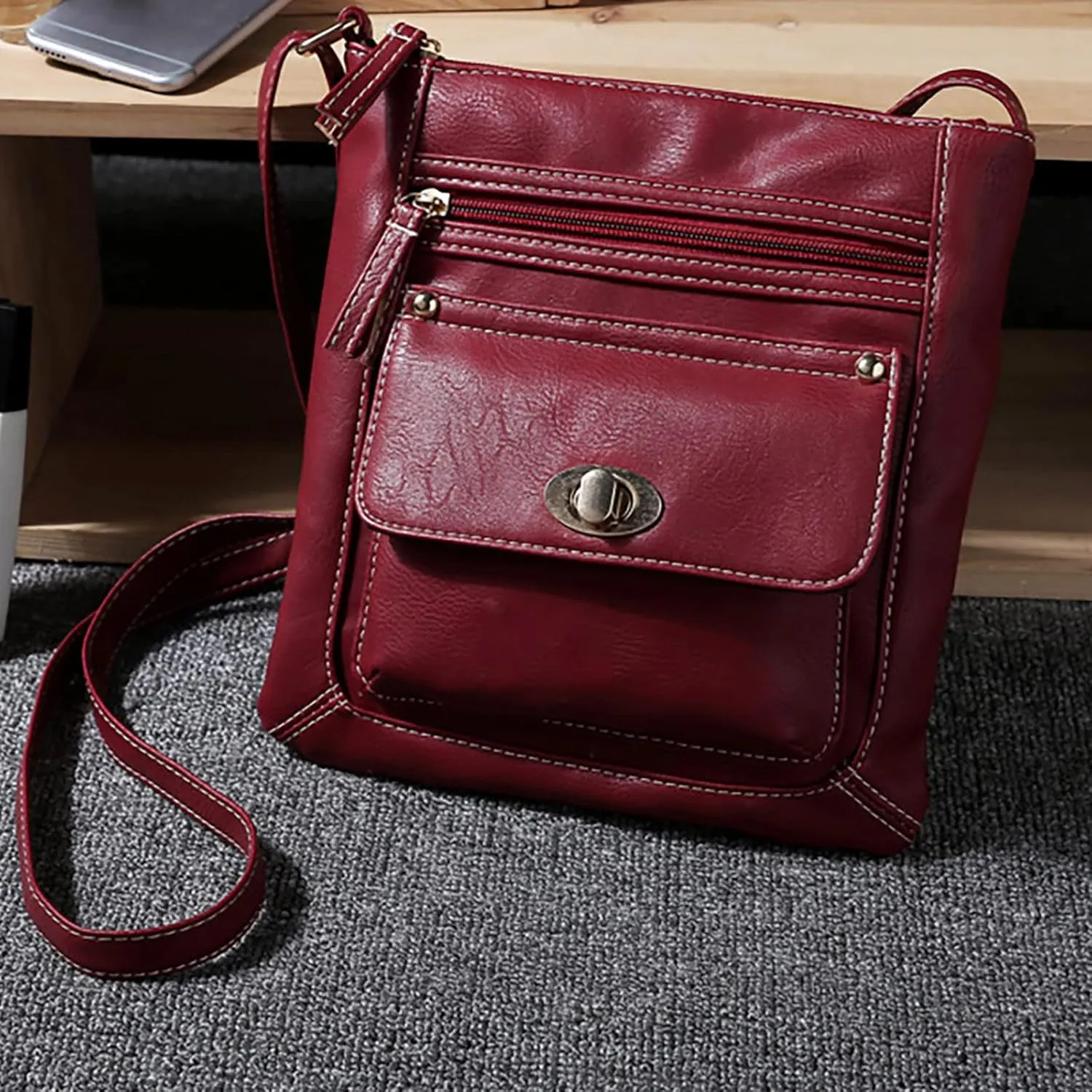 Ladies Fashion Capacity Adjustable Shoulder Belt Turnbuckle Versatile Single Shoulder Briefcase Leather (Red, One Size)