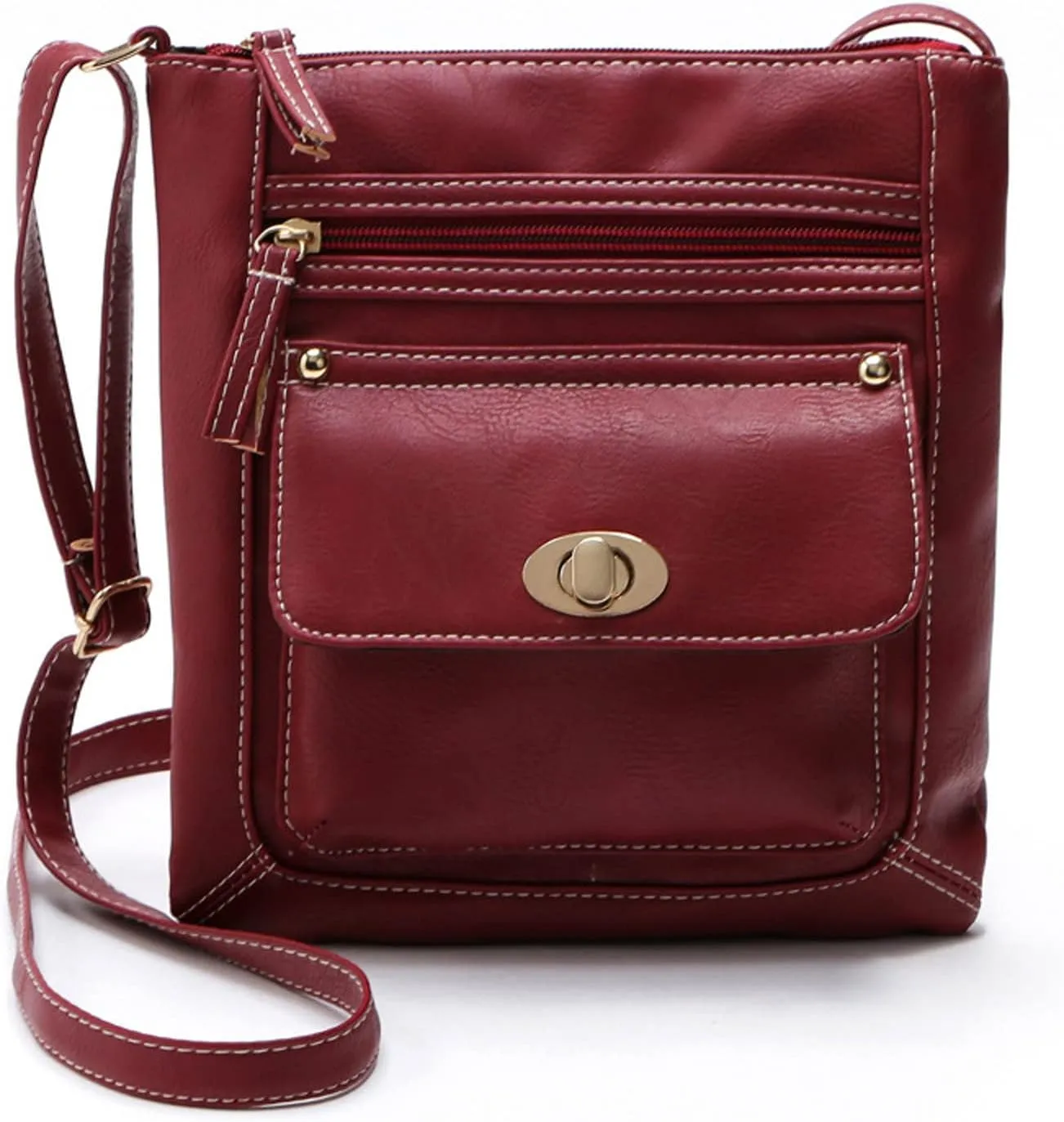 Ladies Fashion Capacity Adjustable Shoulder Belt Turnbuckle Versatile Single Shoulder Briefcase Leather (Red, One Size)