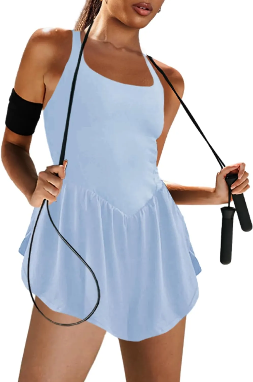 LAMISSCHE Womens Workout Romper Running Onesie Short One Piece Jumpsuits Sleeveless Yoga Unitard(Light Blue,S)