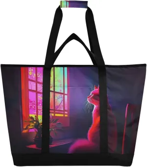 Large Insulated Tote Bag Cat Window Neon for Grocery Shopping Reusable Tote Bags for Women Men, Cooler Bag with Zippered Top & Handles for Beach Picnic Travel