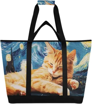 Large Insulated Tote Bag Cute Cat Starry Night for Grocery Shopping Reusable Tote Bags for Women Men, Cooler Bag with Zippered Top & Handles for Beach Picnic Travel