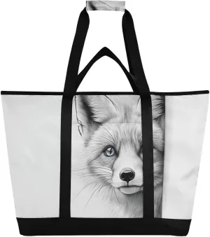 Large Insulated Tote Bag Cute Fox Blue Eyes for Grocery Shopping Reusable Tote Bags for Women Men, Cooler Bag with Zippered Top & Handles for Beach Picnic Travel