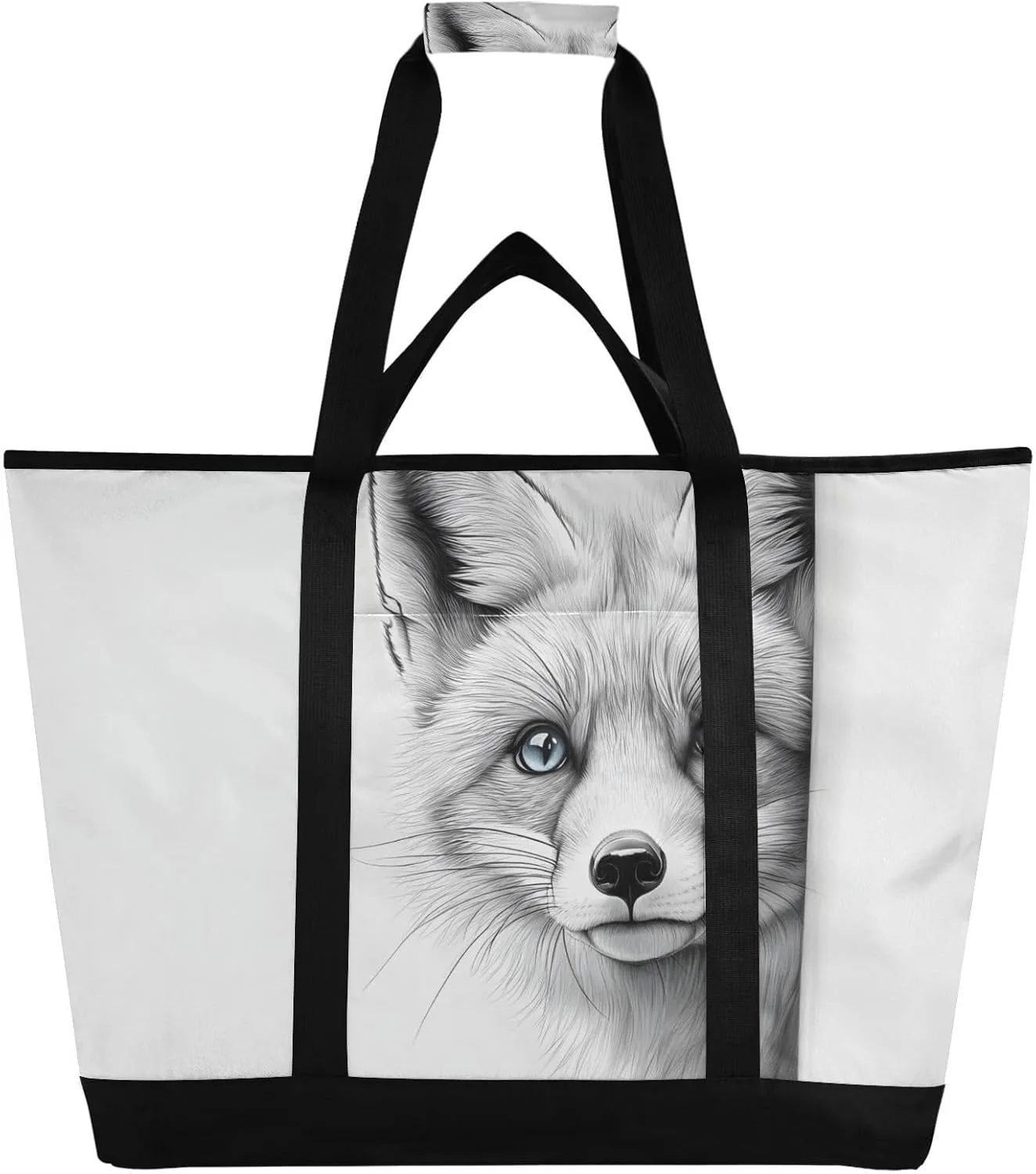 Large Insulated Tote Bag Cute Fox Blue Eyes for Grocery Shopping Reusable Tote Bags for Women Men, Cooler Bag with Zippered Top & Handles for Beach Picnic Travel