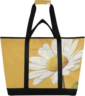 Large Insulated Tote Bag Daisy Closeup Yellow for Grocery Shopping Reusable Tote Bags for Women Men, Cooler Bag with Zippered Top & Handles for Beach Picnic Travel
