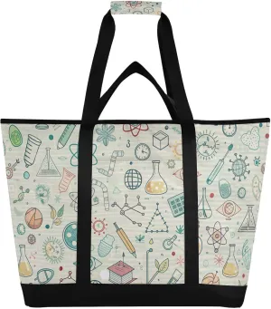 Large Insulated Tote Bag Doodles Science Pattern for Grocery Shopping Reusable Tote Bags for Women Men, Cooler Bag with Zippered Top & Handles for Beach Picnic Travel
