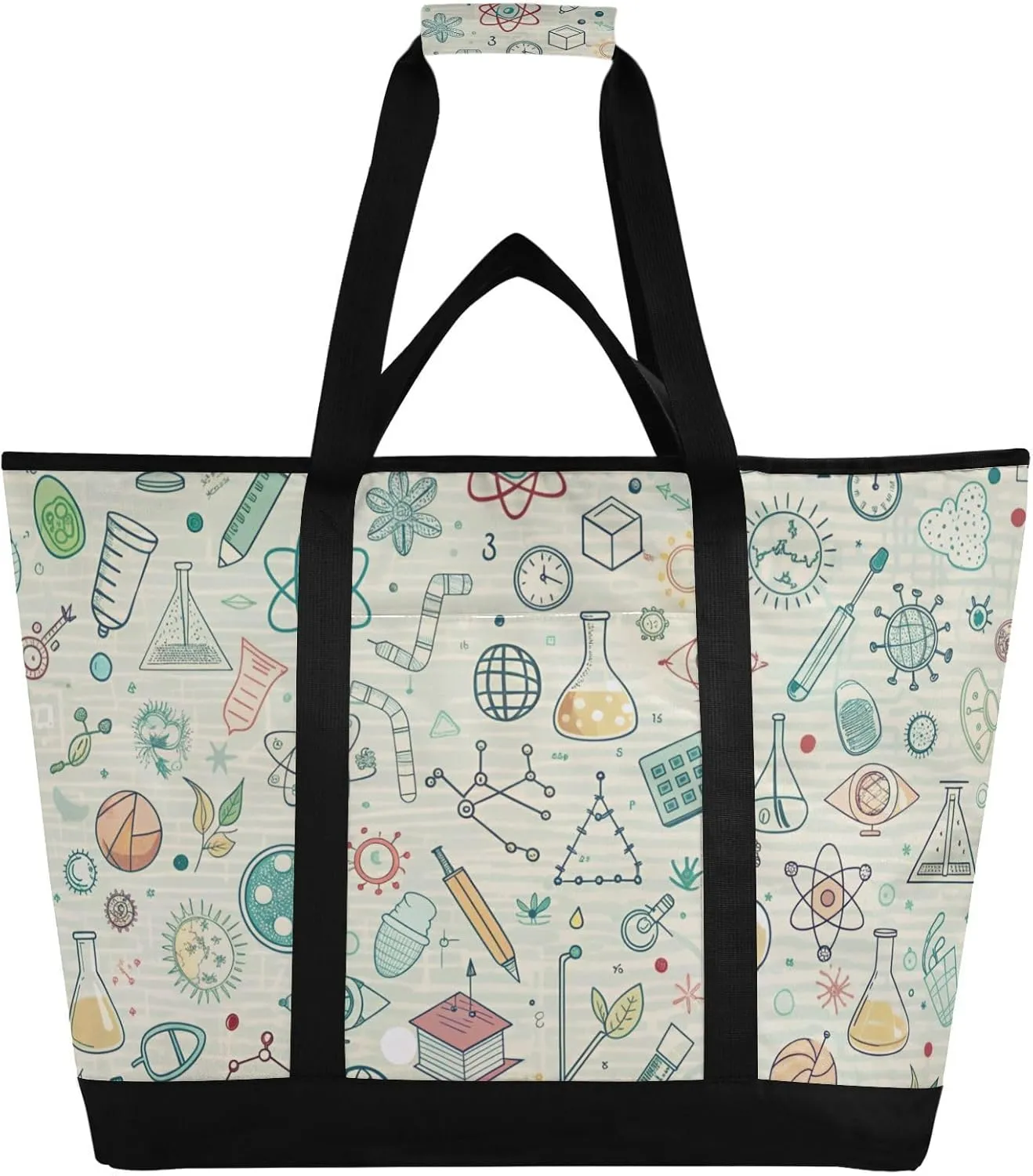 Large Insulated Tote Bag Doodles Science Pattern for Grocery Shopping Reusable Tote Bags for Women Men, Cooler Bag with Zippered Top & Handles for Beach Picnic Travel