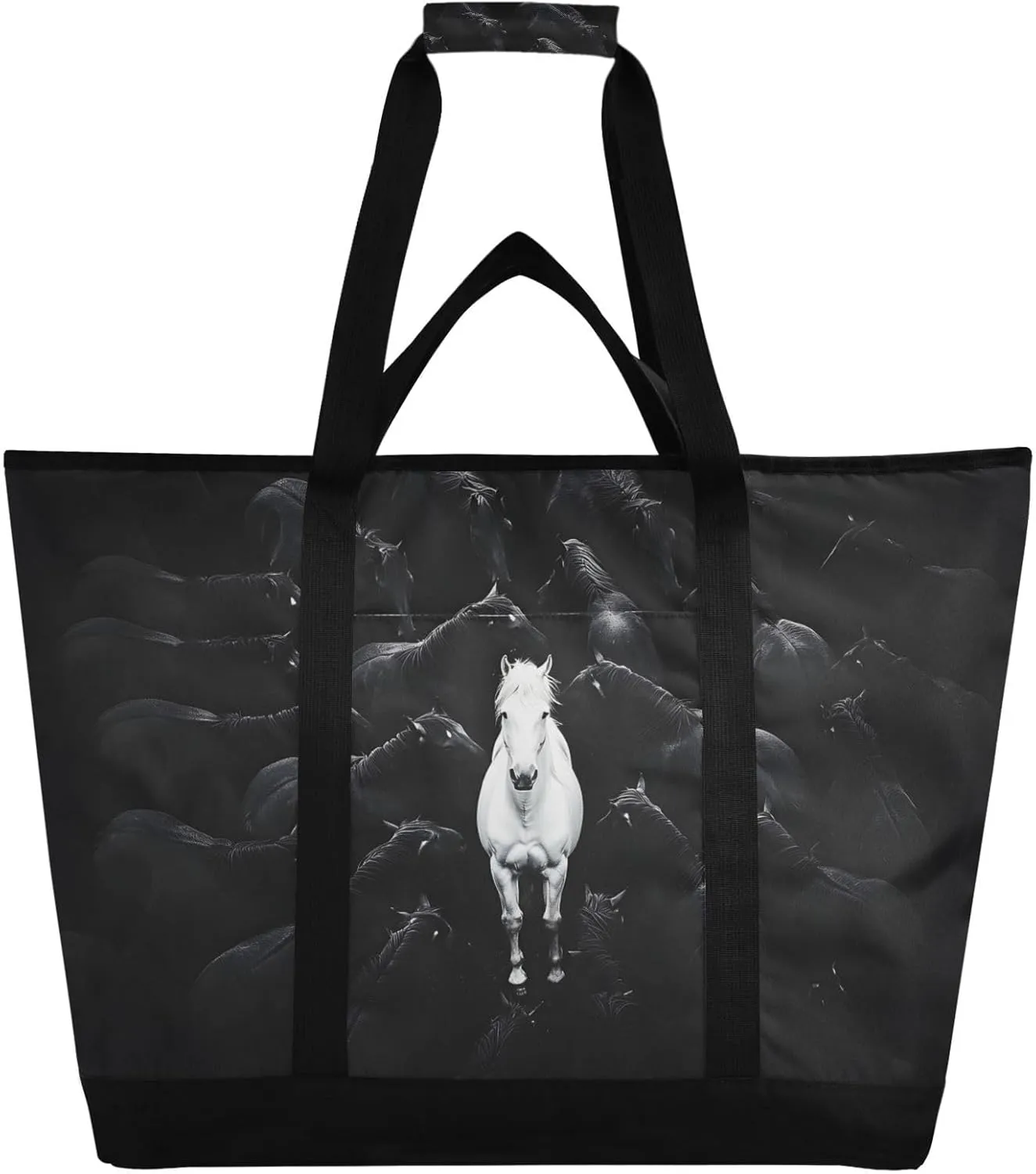 Large Insulated Tote Bag Horse Black White for Grocery Shopping Reusable Tote Bags for Women Men, Cooler Bag with Zippered Top & Handles for Beach Picnic Travel