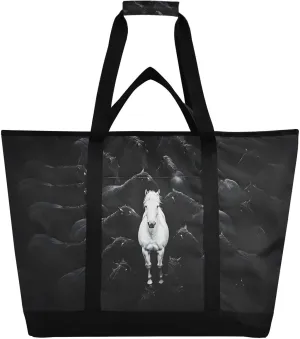 Large Insulated Tote Bag Horse Black White for Grocery Shopping Reusable Tote Bags for Women Men, Cooler Bag with Zippered Top & Handles for Beach Picnic Travel