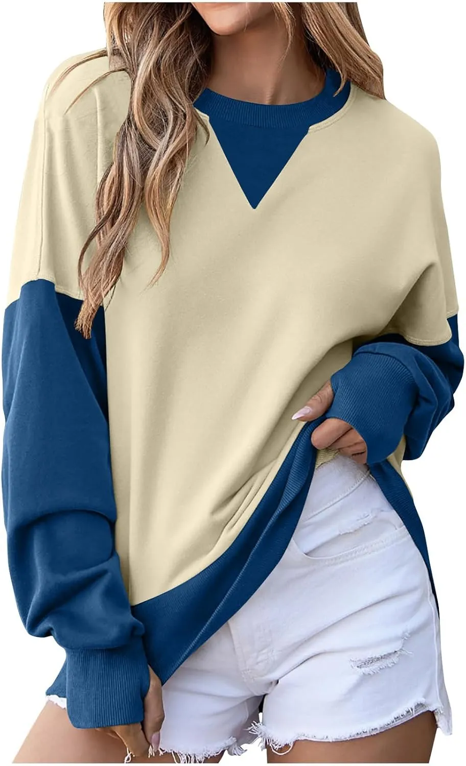Lightweight Sweatshirts for Women Trendy Oversize Long Sleeve Top Color Block Pullover Classic Crew Neck Sweat Shirt