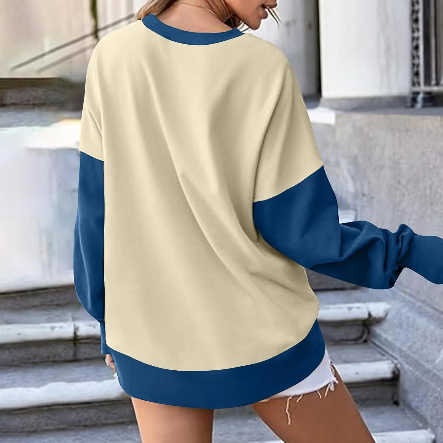 Lightweight Sweatshirts for Women Trendy Oversize Long Sleeve Top Color Block Pullover Classic Crew Neck Sweat Shirt