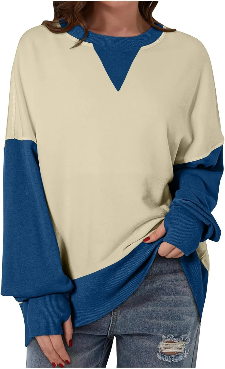 Lightweight Sweatshirts for Women Trendy Oversize Long Sleeve Top Color Block Pullover Classic Crew Neck Sweat Shirt