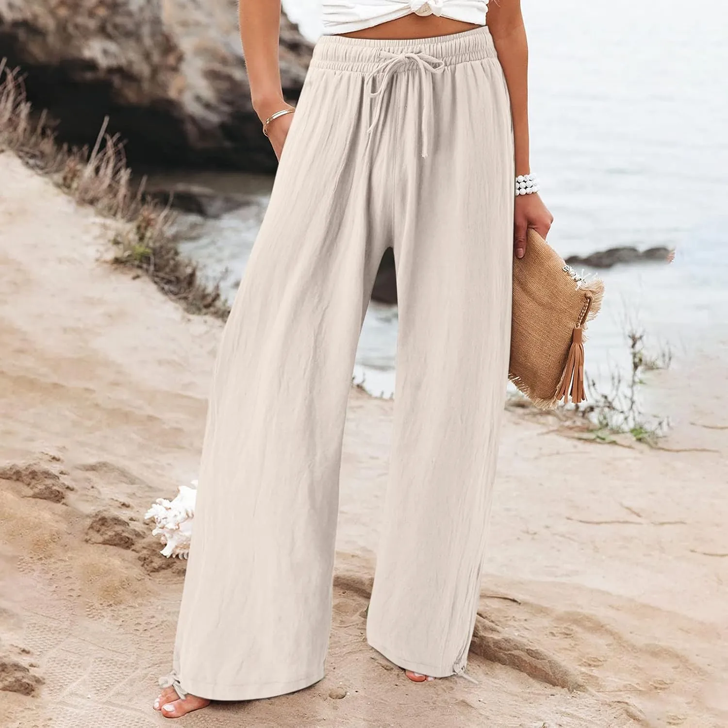 Linen Pants Women 2025 Summer Drawstring Elastic High Waist Baggy Beach Pants Wide Leg Flowy Pants with Pockets