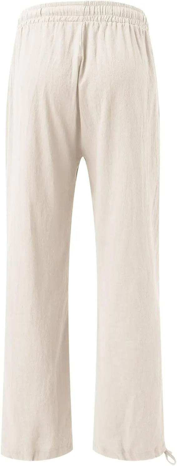 Linen Pants Women 2025 Summer Drawstring Elastic High Waist Baggy Beach Pants Wide Leg Flowy Pants with Pockets