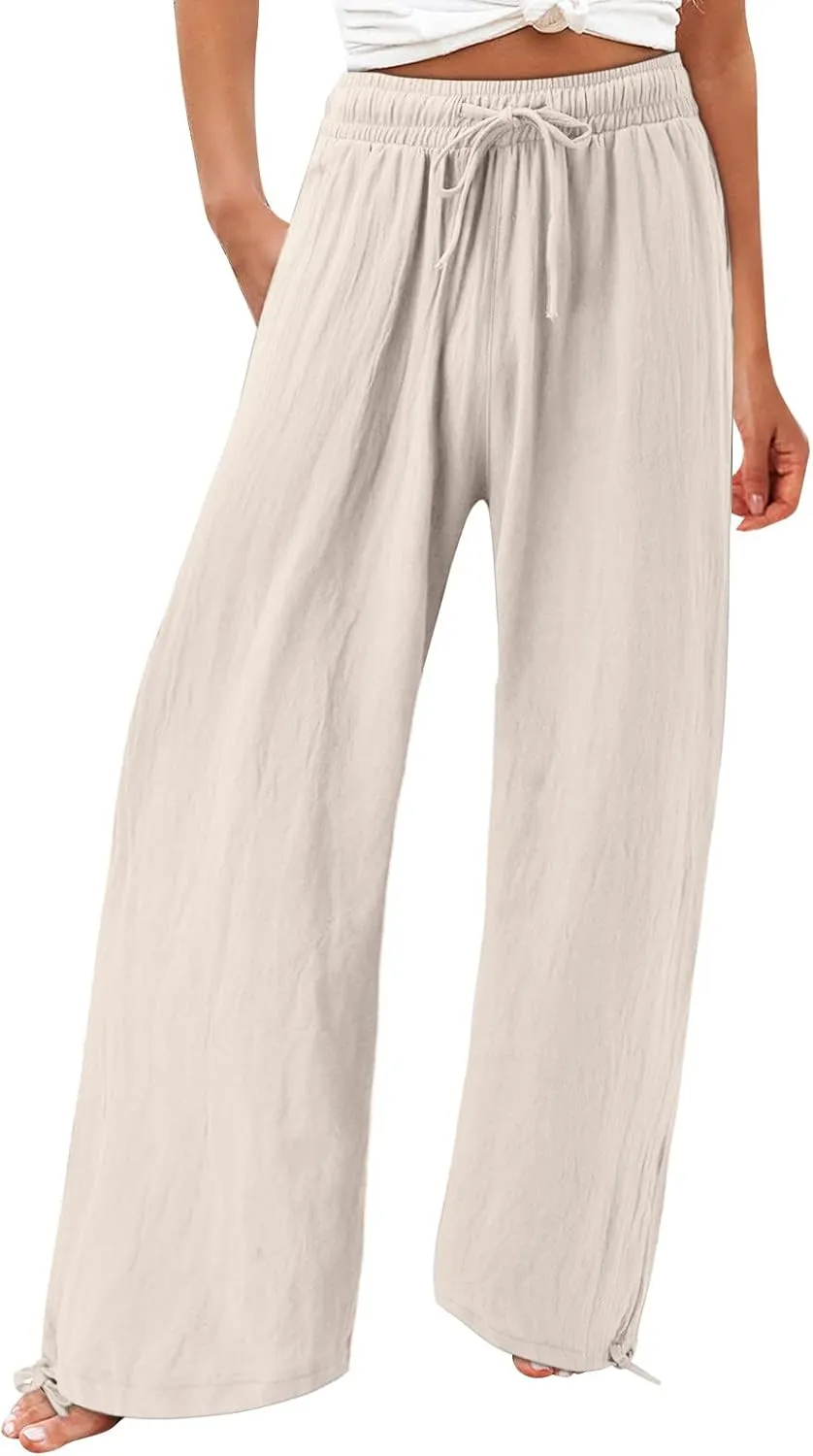 Linen Pants Women 2025 Summer Drawstring Elastic High Waist Baggy Beach Pants Wide Leg Flowy Pants with Pockets