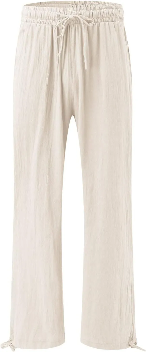 Linen Pants Women 2025 Summer Drawstring Elastic High Waist Baggy Beach Pants Wide Leg Flowy Pants with Pockets