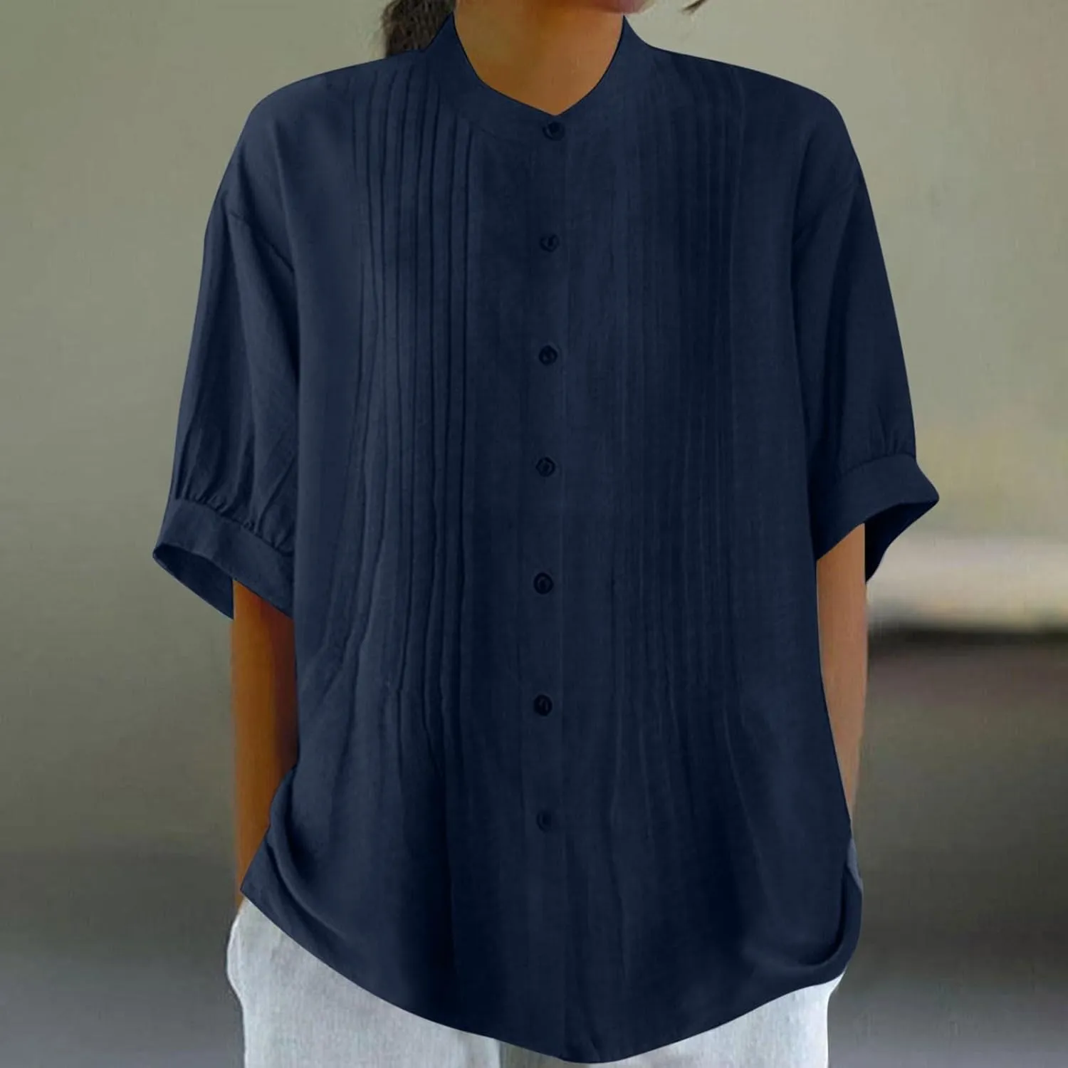 Linen Shirts for Women Casual Half Sleeve High Neck Blouses Casual Cotton Linen Lightweight Summer Boho Tops