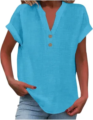 Linen Shirts for Women V Neck Button Down Blouse Short Sleeve Office Work Tops Vintage Vacation Tees Shirt Blouse Tops