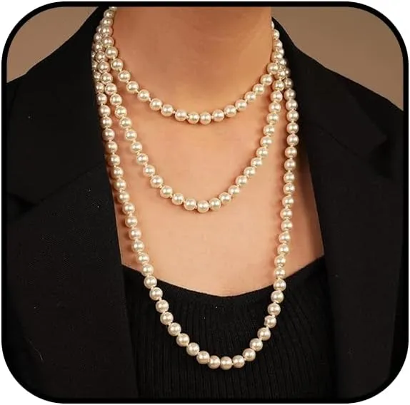 Long Pearl Necklace for Women Beaded Fake Pearl Strand Necklace Round Freshwater Pearl Bracelet Vintage Retro Festival Necklace Costume Accessories