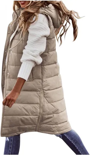 Long Puffer Vest for Women Sleveless Hoodies Quilted Vest Oversized Outdoor Puffer Down Coats Thickened Warm Jackets