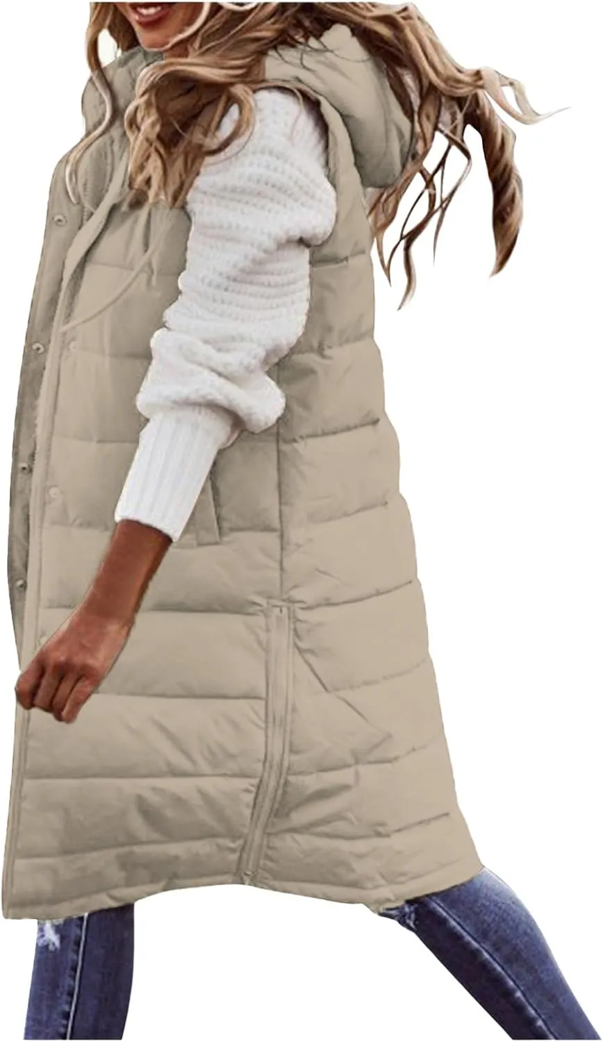 Long Puffer Vest for Women Sleveless Hoodies Quilted Vest Oversized Outdoor Puffer Down Coats Thickened Warm Jackets