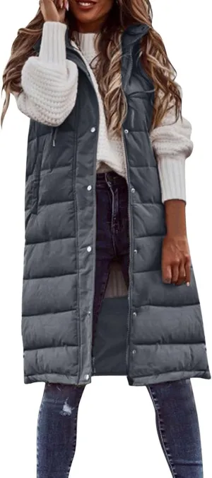 Long Puffer Vest for Women Sleveless Hoodies Quilted Vest Oversized Outdoor Puffer Down Coats Thickened Warm Jackets