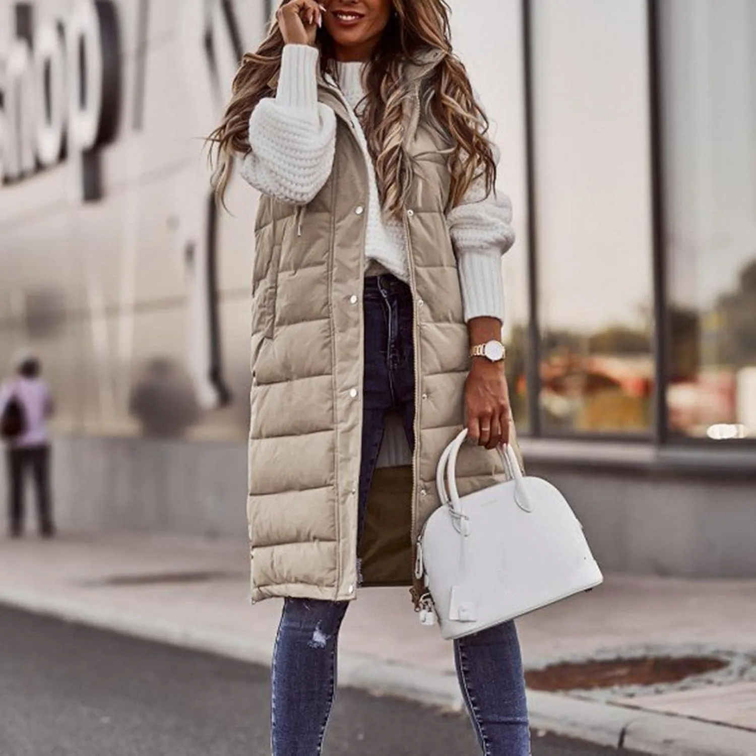 Long Puffer Vest for Women Sleveless Hoodies Quilted Vest Oversized Outdoor Puffer Down Coats Thickened Warm Jackets