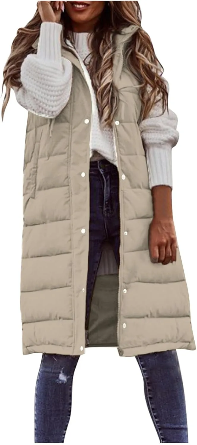 Long Puffer Vest for Women Sleveless Hoodies Quilted Vest Oversized Outdoor Puffer Down Coats Thickened Warm Jackets