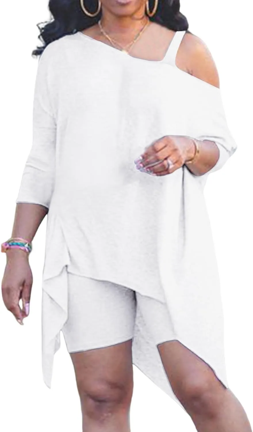 LovelyWholesale Womens Plus Size Two Piece Sets Outfits One Shoulder Top Skinny Shorts Tracksuit Sets