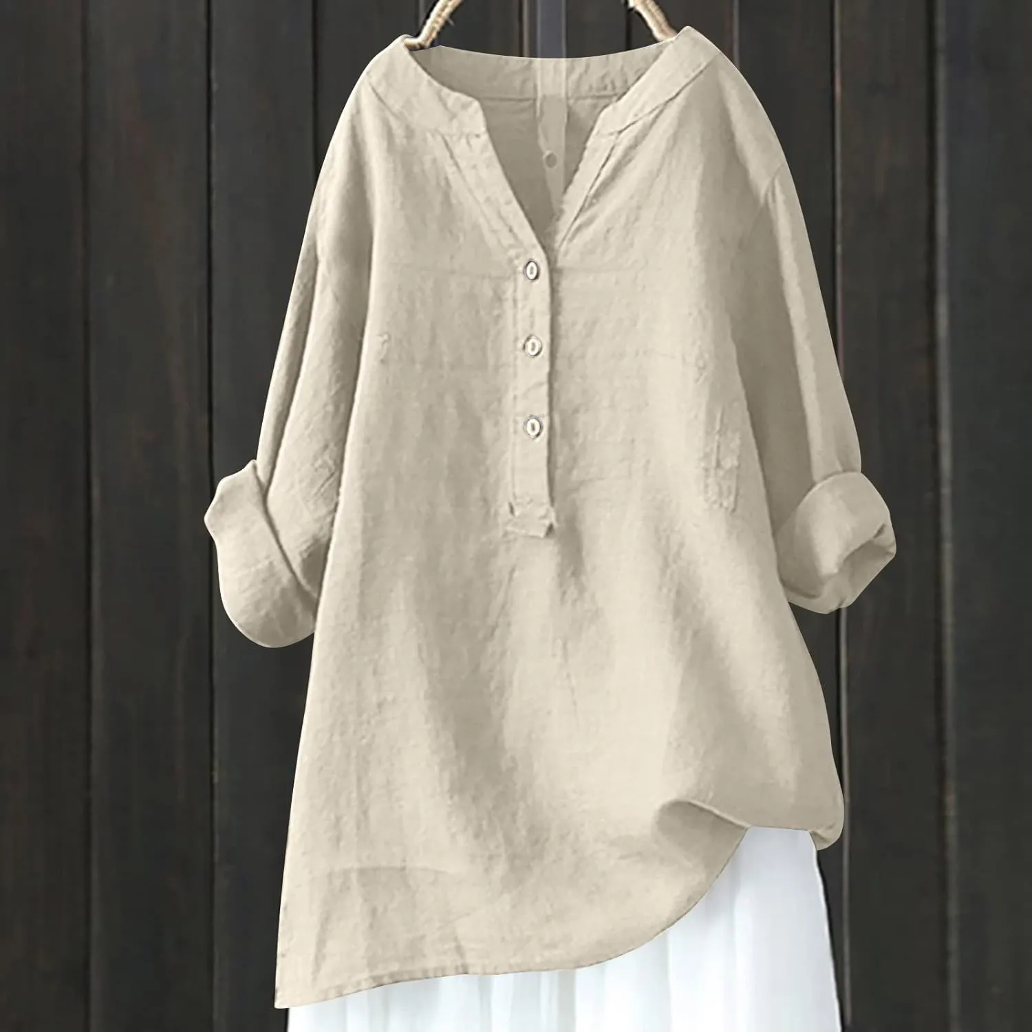 LRMQS Linen Shirts for Women Beach Summer 2024 Button Up V Neck Blouse Tops Long Sleeve Loose Casual Trendy Tunic Clothes