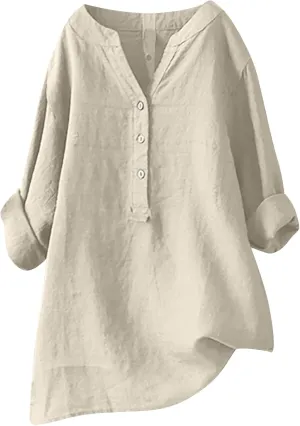 LRMQS Linen Shirts for Women Beach Summer 2024 Button Up V Neck Blouse Tops Long Sleeve Loose Casual Trendy Tunic Clothes