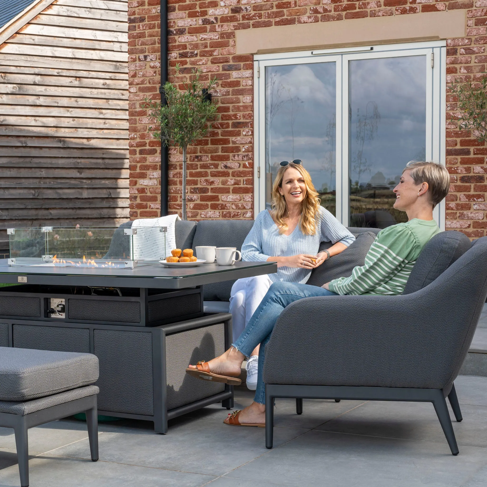 Luna 3 Seat Outdoor Fabric Sofa Set with Rising Firepit Table in Grey